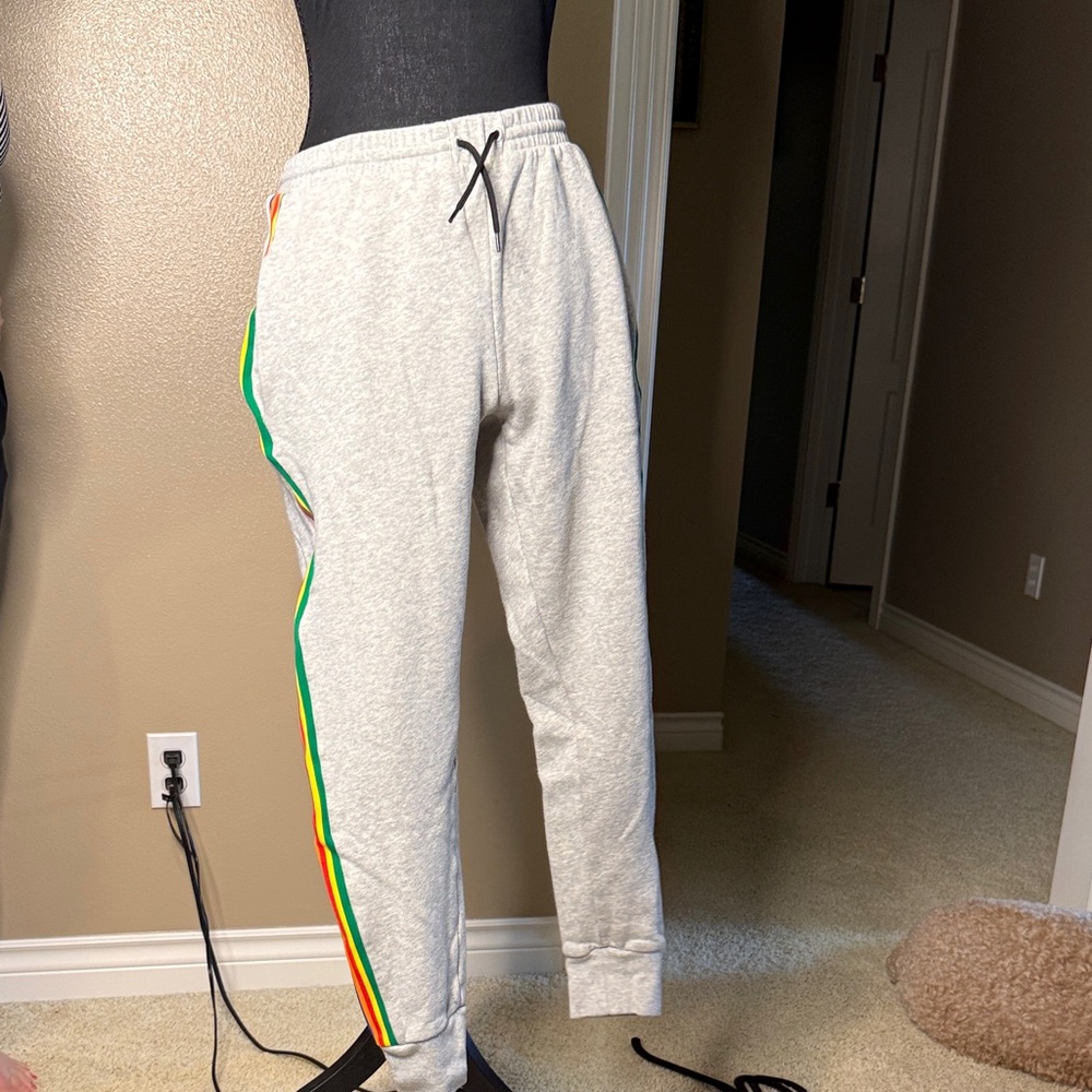 Men's Light Gray Jogger Sweatpants with Green/Yellow/Red Stripe